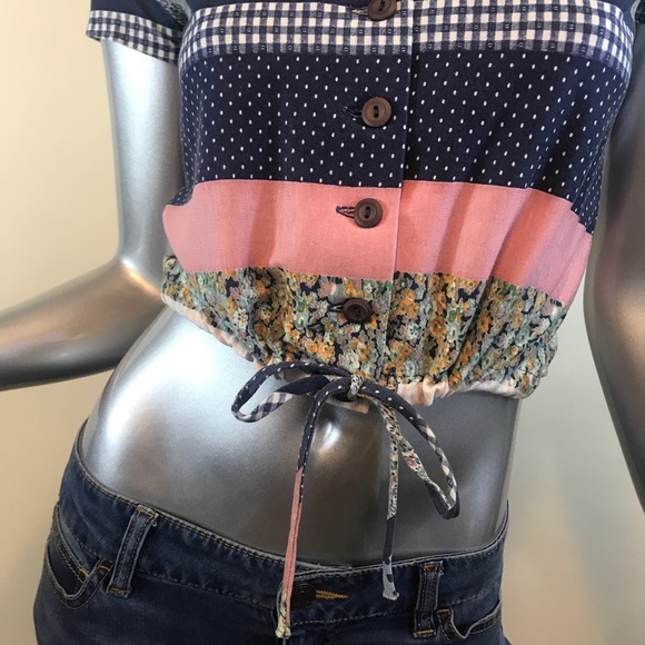 Vintage Xtrovert Cropped Top Women’s Floral Striped Shirt Adjustable Waist Xs-S. - Picture 5 of 14